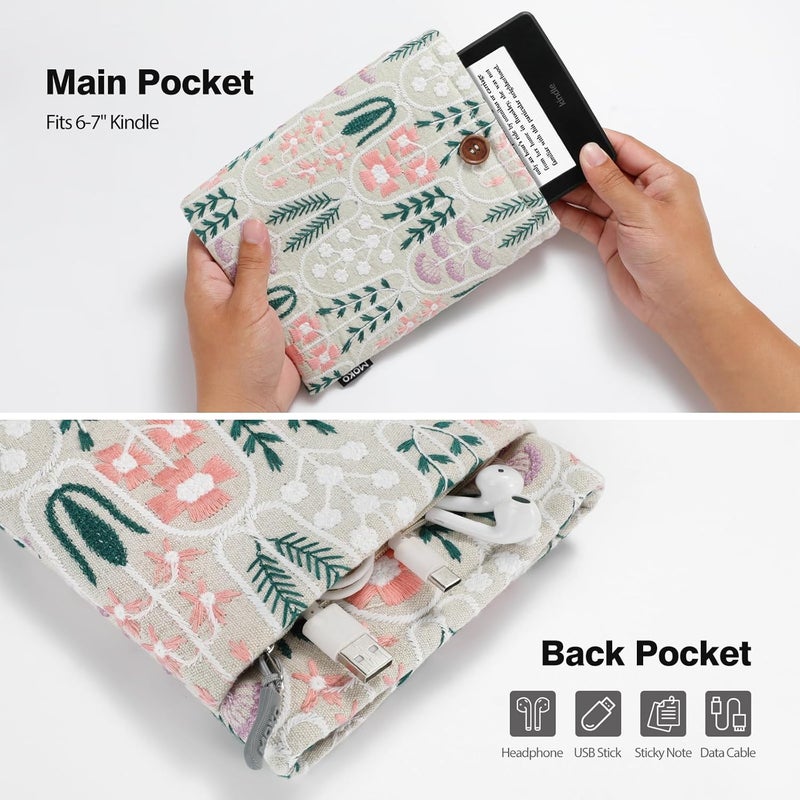 MoKo 6-7" Embroidered Daisy Padded Sleeve Pouch for Fire 7 2022, 7" Kindle Colorsoft Signature Edition 2024, Kindle 11/10/8 Gen, Paperwhite 11th/10th Gen, Pouch for Voyage/Kobo eReader, Beige Plants - Image 5